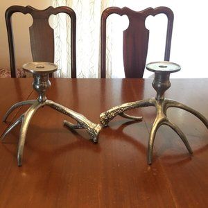 POTTERY BARN *STYLE METAL DEER ELK ANTLER SILVER CANDLE HOLDER PAIR